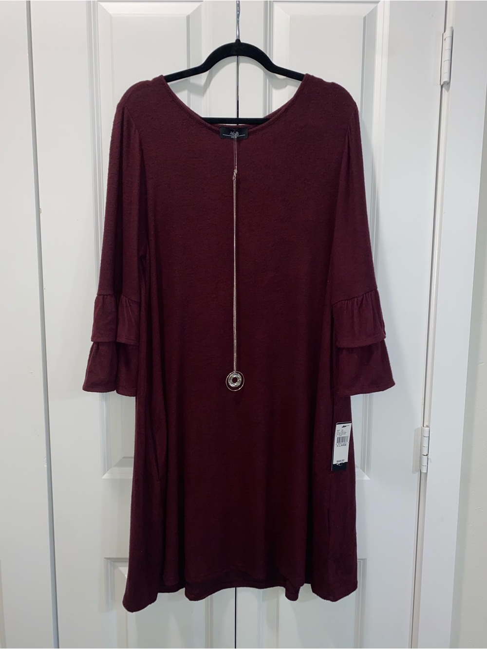 AGB Burgundy Long Sleeve Tiered Bell Shift Dress